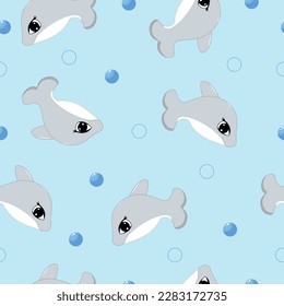Dolphin seamless pattern in cartoon style. Suitable for baby wallpaper, baby bedspreads, can be printed on baby clothes fabric.