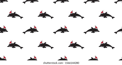 dolphin Seamless pattern Christmas hat vector Santa Claus fish shark doodle cartoon salmon whale wave ocean sea scarf isolated repeat wallpaper tile background illustration design