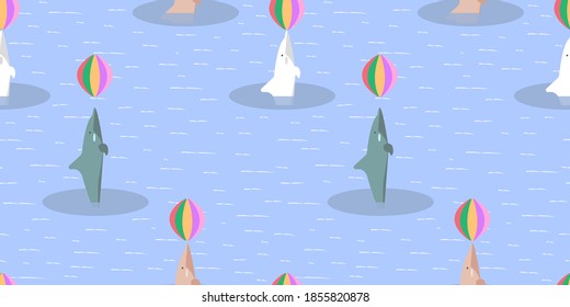 Dolphin seamless pattern, A cute colorful Dolphin bouncing balls on ocean background.