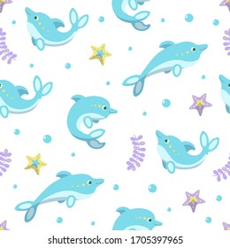 Dolphin seamless pattern: cute dolphins on white background. Vector illustration in cartoon style