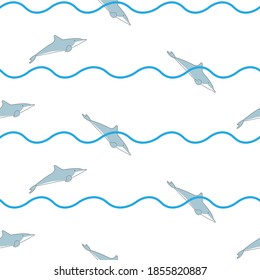Dolphin nahtlose Muster, Eine süße Dolphin und Meereswellen auf weißem Hintergrund.	