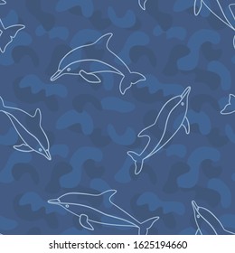 Dolphin seamless pattern in doodle and line style on blue military background. Vector illustration