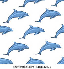 Dolphin Seamless Pattern Hand Drawn on White Background. Vector illustration