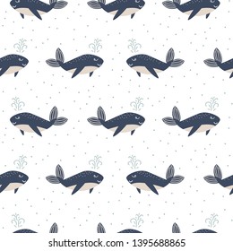 Dolphin seamless vector pattern. Cartoon style blue fun whale background. Sea life animal kid print.