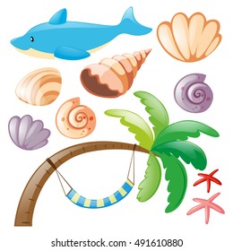 Dolphin and seashells on white illustration