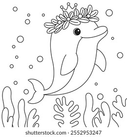 Dolphin with Seaweed Crown Coloring Page. Funny animal illustration colouring for kids