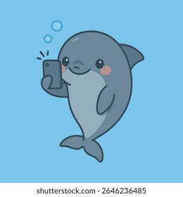 Dolphin Selfies Underwater, Um golfinho adorável, em um estilo de desenho animado, alegremente tira uma foto com seu smartphone, bolha flutuando nas proximidades.