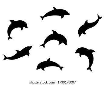 Dolphin set black silhouettes vector illustration isolated on white.