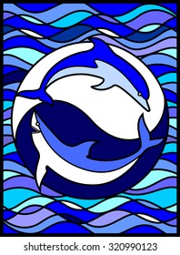 Dolphin and Shark. Eternal struggle between good and evil. Stained glass window, vertical. Vector illustration. Can be used for flayers, banners, posters.