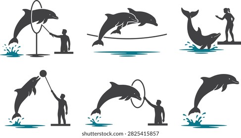 Dolphin show showman trainer performing trick vector set, mammal, aquatic, jump, hoop, splash