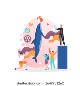Dolphin show, vector illustration. Dolphin performing tricks, juggling and playing with ball. Dolphinarium concept for web banner, website page etc.