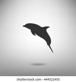 Dolphin sign illustration. Dark gray icon with shadow on floor.