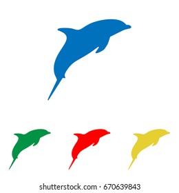 Dolphin sign illustration. Vector. Big blue flat icon with red, green and yellow small icons at white background. Isolated.