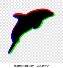 Dolphin sign illustration. Vector. Black icon with red-green-blue contours on transparent background.