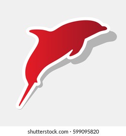 Dolphin sign illustration. Vector. New year reddish icon with outside stroke and gray shadow on light gray background.