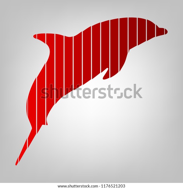 Dolphin sign illustration. Vector. Vertically\
divided icon with colors from reddish gradient in gray background\
with light in center.