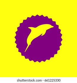 Dolphin sign illustration. Vector. Violet label with hole as icon on yellow background.