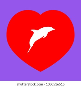 Dolphin sign illustration. Vector. White icon in red heart at lavender background.