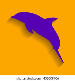 Dolphin sign illustration. Violet icon with shadow on orange background.