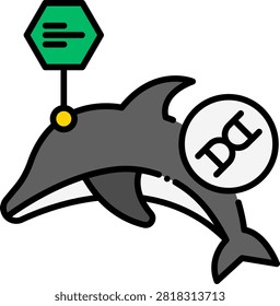 Dolphin silhouette accompanied by a DNA mark and a digital data node. This zoological illustration represents marine biology and animal genetic research. Great for wildlife conservation websites and veterinary science publications.