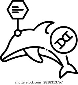 Dolphin silhouette accompanied by a DNA mark and a digital data node. This zoological illustration represents marine biology and animal genetic research. Great for wildlife conservation websites and veterinary science publications.