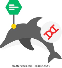 Dolphin silhouette accompanied by a DNA mark and a digital data node. This zoological illustration represents marine biology and animal genetic research. Great for wildlife conservation websites and veterinary science publications.