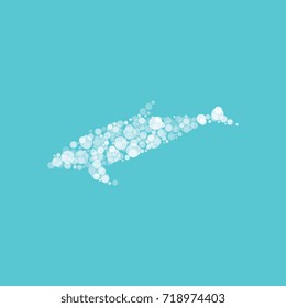 dolphin silhouette filled with white circles of different sizes and degrees of transparency on a blue background