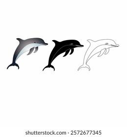 Dolphin Silhouette Icon Set.A set of dolphin illustrations in gradient, black silhouette, and outline styles. Perfect for marine life, wildlife, and aquatic-themed designs