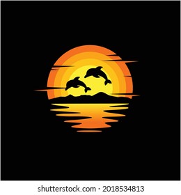 Dolphin silhouette illustration vector animal logo design, Orange sunset cloudy ocean view