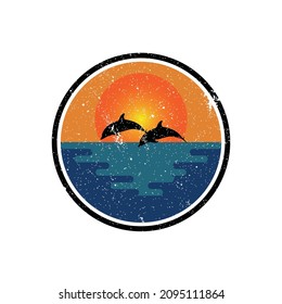 Dolphin silhouette illustration vector animal logo design, Orange sunset cloudy ocean view