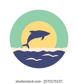 Dolphin Silhouette Jumping on the Ocean Surface with Sun Circle at Sunset Sunrise