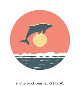 Dolphin Silhouette Jumping on the Ocean Surface with Sun Circle at Sunset Sunrise
