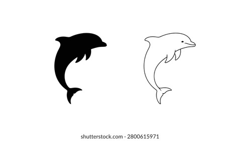 Dolphin Silhouette And Line Drawing On White Background Silhouette