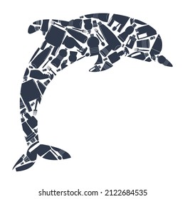 Dolphin silhouette made from plastic trash on a white background. Eco banner. Flat vector illustration. EPS10