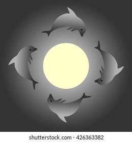 Dolphin Silhouette, Dolphin Poster, Dolphin EPS, Dolphin Vector, Dolphin Design, Circle of dolphins around moon