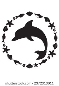 Dolphin silhouette of a sea animal in a round frame - vector template for printing or cutting. Bottlenose dolphin mammal animal composition on a marine theme