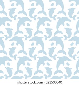 Dolphin silhouette seamless pattern. Vector illustration with dolphins and hearts.