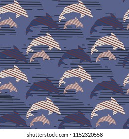 Dolphin Silhouette Seamless Vector Pattern Background, Hand Drawn Underwater Ocean Illustration for Yacht Fashion Prints, Bold Marine Animal Fabric, Stationery Wallpaper, Navy Blue Blog Backgrounds