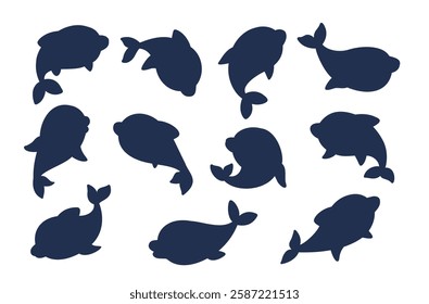 Dolphin silhouette set. Black minimal icon. Fish, underwater character in different poses. Oceanarium logotype design. Animal mammal, marine life. Water inhabitant. Vector cartoon isolated set