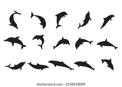 Dolphin silhouette set. Collection of dolphins in various styles. Vector illustration