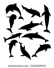 Dolphin silhouette set for cutting, stencil templates and decals