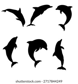 Silueta de delfín en diferentes poses de natación aisladas sobre fondo blanco. Iconos de vectores de animales marinos en negro para diseños de vida silvestre y naturaleza del océano.