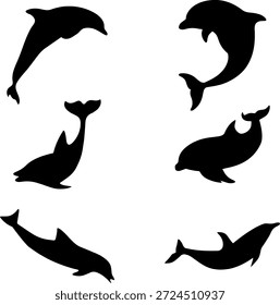 Conjunto de siluetas de delfines Diseño de Vector, iconos de animales marinos en blanco y negro. Siluetas de delfines negros sobre un fondo blanco, en varias poses.