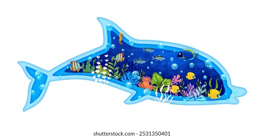 Dolphin silhouette with underwater landscape. 3d vector paper cut frame in shape of playful ocean animal body with serene aquatic vegetation, seaweeds, bubbles and fish shoal in blue sea water depth