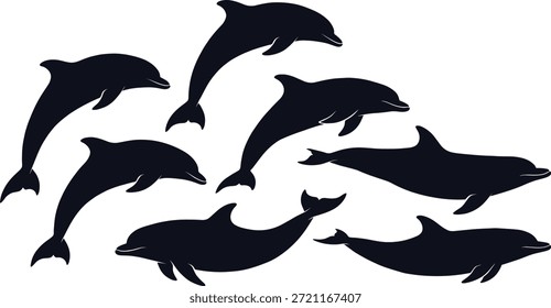 Colección de Vector de la silueta del delfín, poses acuáticas negras, tema de la vida marina, movimiento de la natación, ilustración del océano, gráficos animales elegantes