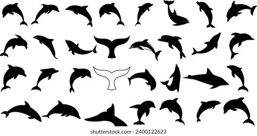 Dolphin silhouette vector, marine-themed design. Various poses of dolphins jumping, diving, swimming. Perfect for oceanic, sea life, marine mammal illustrations. Black dolphins, white background.