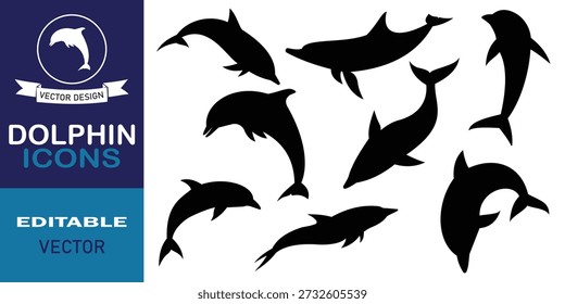Dolphin silhouette vector set. Jumping, swimming dolphin clipart, ocean wildlife graphic, marine animal motion sequence. Vector illustration.