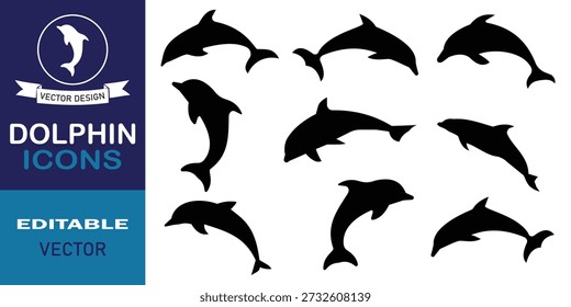 Dolphin silhouette vector set on white background. Jumping, swimming dolphin clipart, ocean wildlife graphic, marine animal motion sequence. Vector illustration.