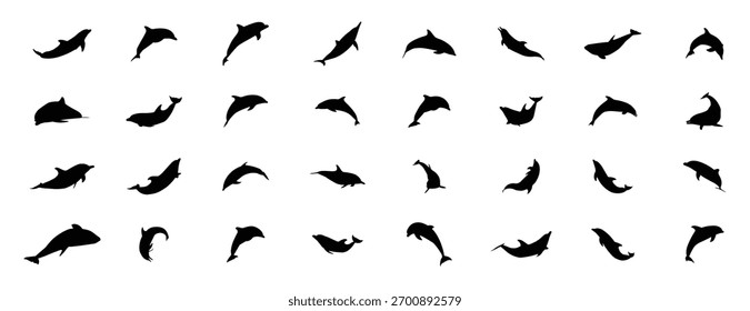 Modelo de vetor de silhueta de golfinho. De vários golfinhos silhuetados nadando e pulando contra um fundo branco, ilustração Vetor