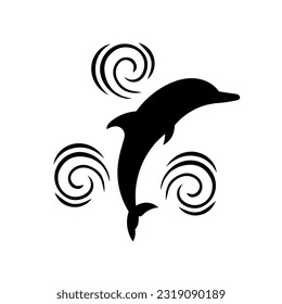Dolphin silhouette with waves. Black silhouette of a dolphin on a white background. Vector illustration.